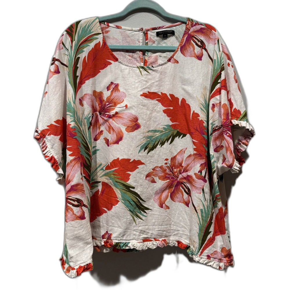 For Cynthia Top Linen Tropical Floral Ruffle Hem Blouse Resort White 3X Plus